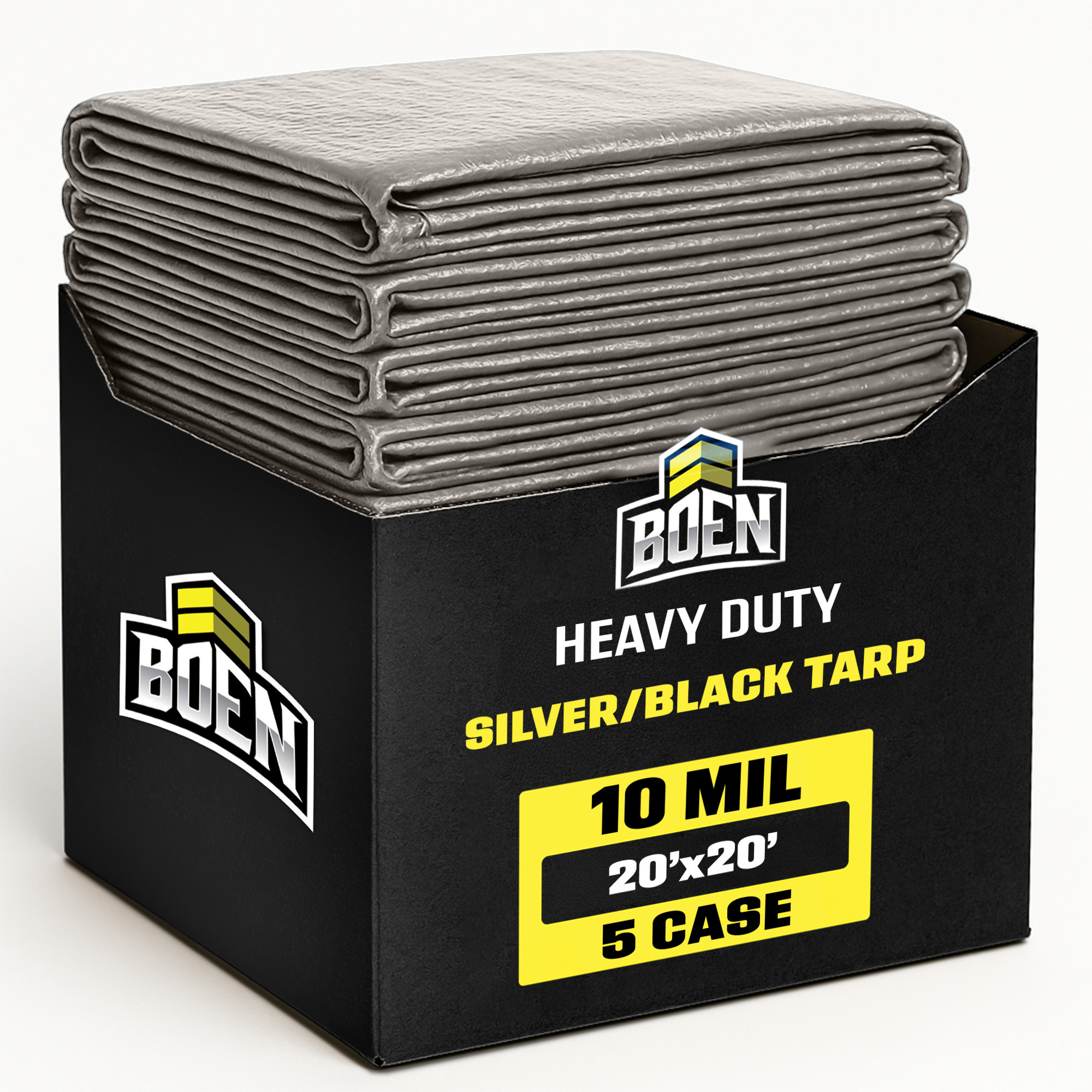 Boen 20 ft x 20 ft Silver/Black Tarp, 5-Pack, 10 Mil Thick Waterproof Heavy Duty Cover, Rip Proof Tarps, Thick Weave Material, UV Resistant Great for Tarpaulin Canopy Tent, Boat, RV or Pool Cover